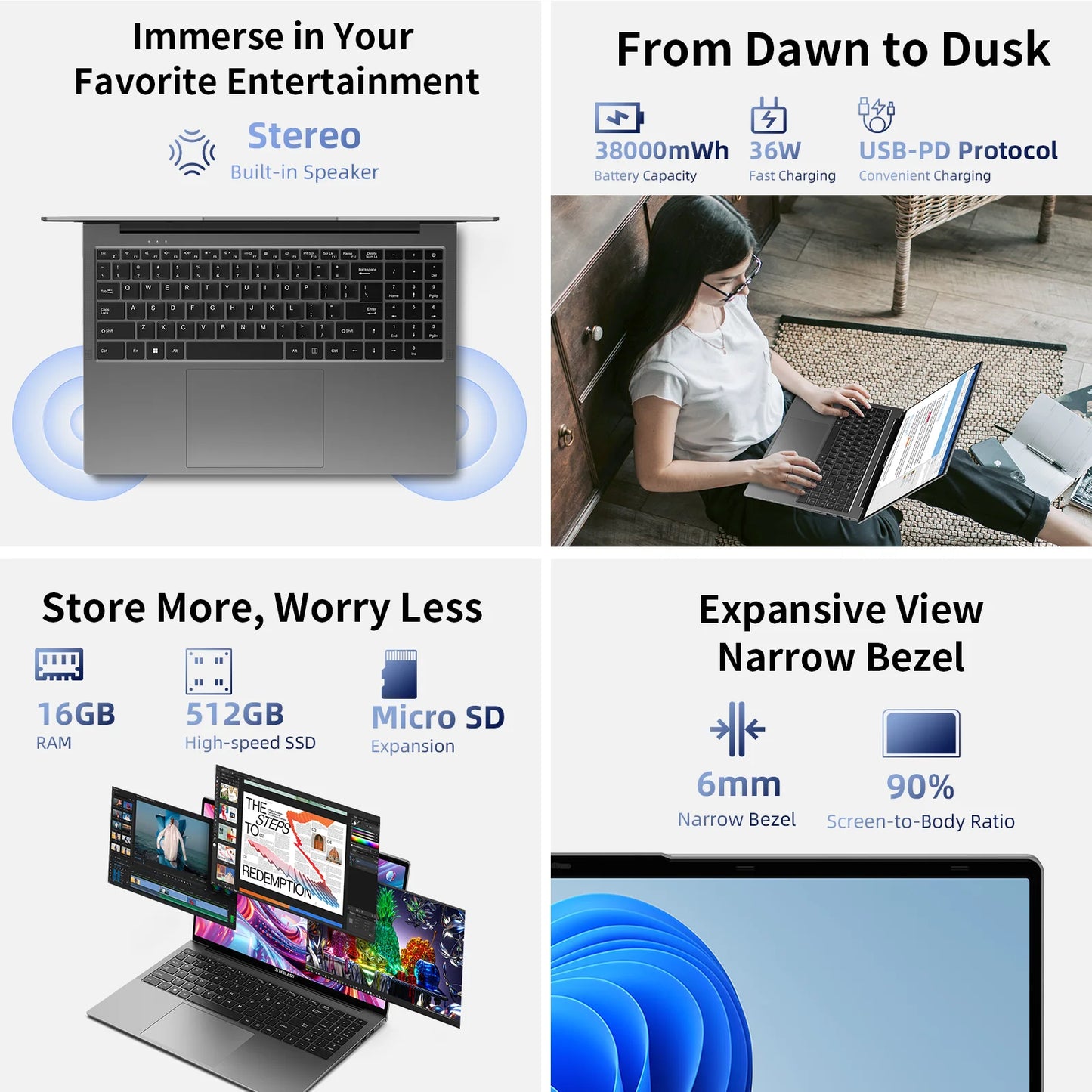 Portátil TECLAST F16 Air de 16 pulgadas, giro de 180 grados, 16 GB + 512 G