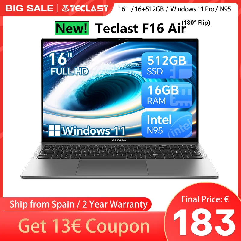 Portátil TECLAST F16 Air de 16 pulgadas, giro de 180 grados, 16 GB + 512 G