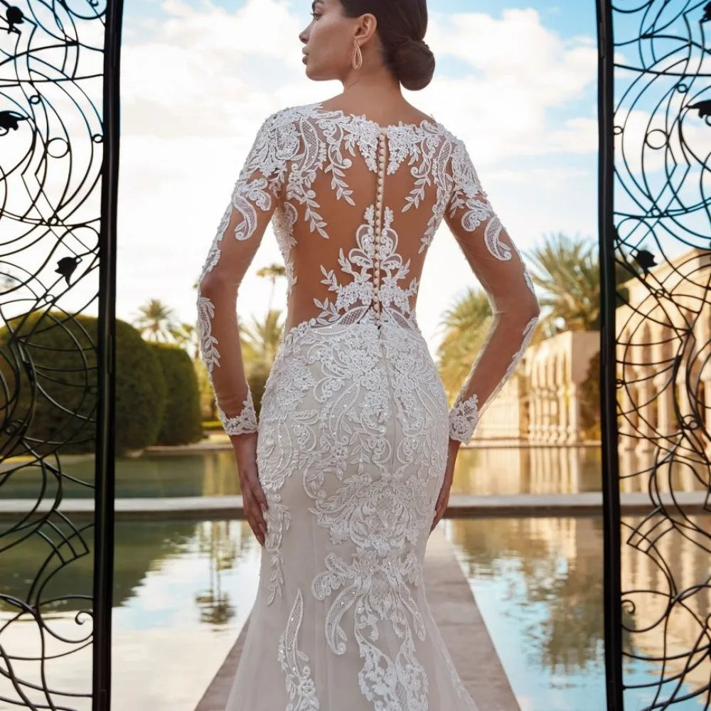 Vestido de novia estilo sirena, estilo bohemio, transparente, con escote