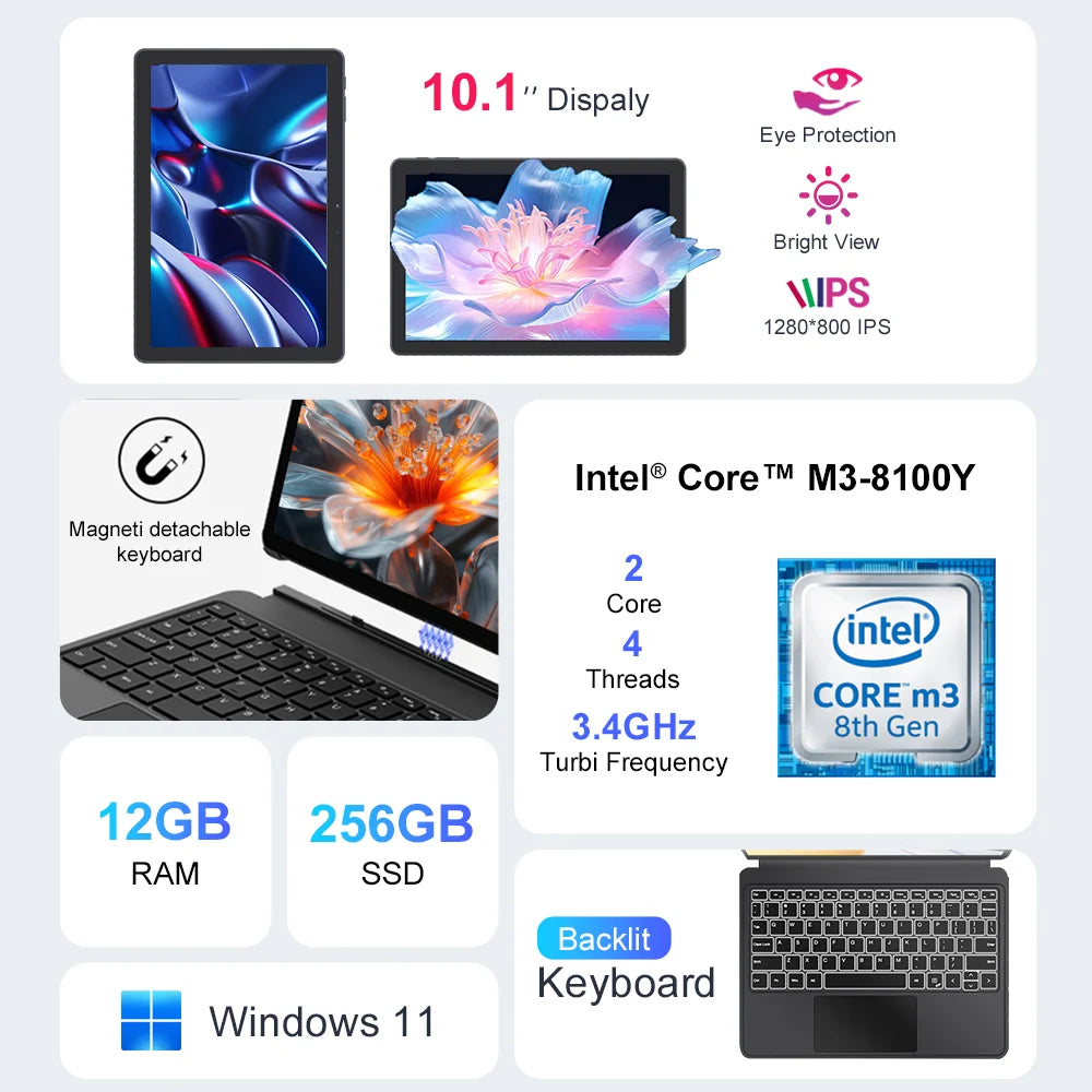 Laptop Ninkear X10 2 en 1, IPS de 10.1 pulgadas, Intel Core m3-8100Y, 12 GB