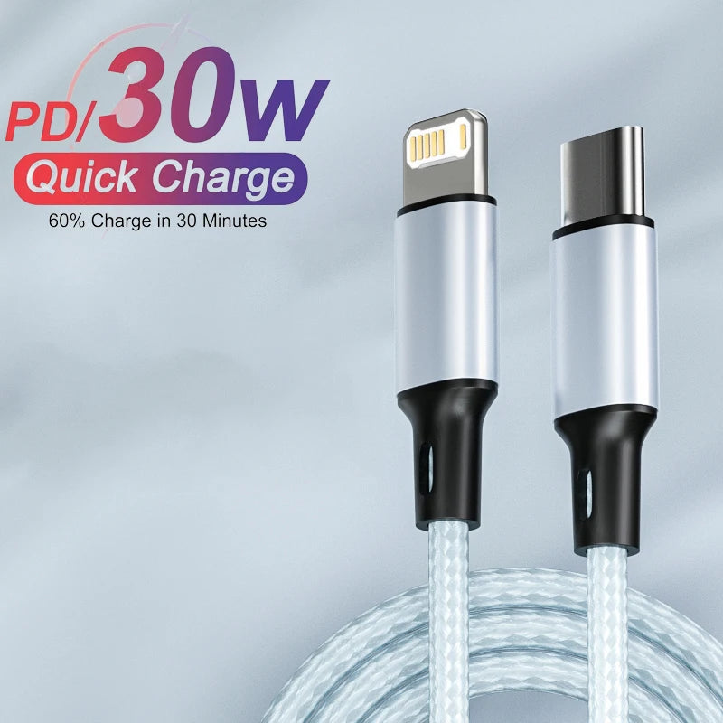 Cable cargador PD de 30 W para iPhone 14, 13, 12, 11 Pro Max, Mini, XR, XS