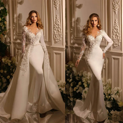 Vestidos de novia de sirena con escote en V, personalizados, manga larga