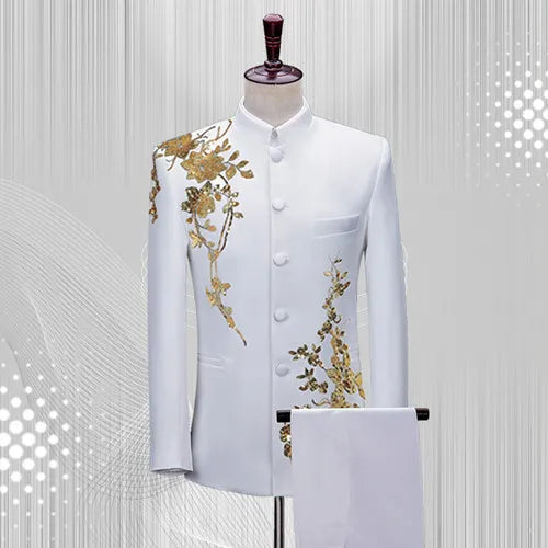 Traje floral de cuello alto para hombre, ropa de lentejuelas de lujo