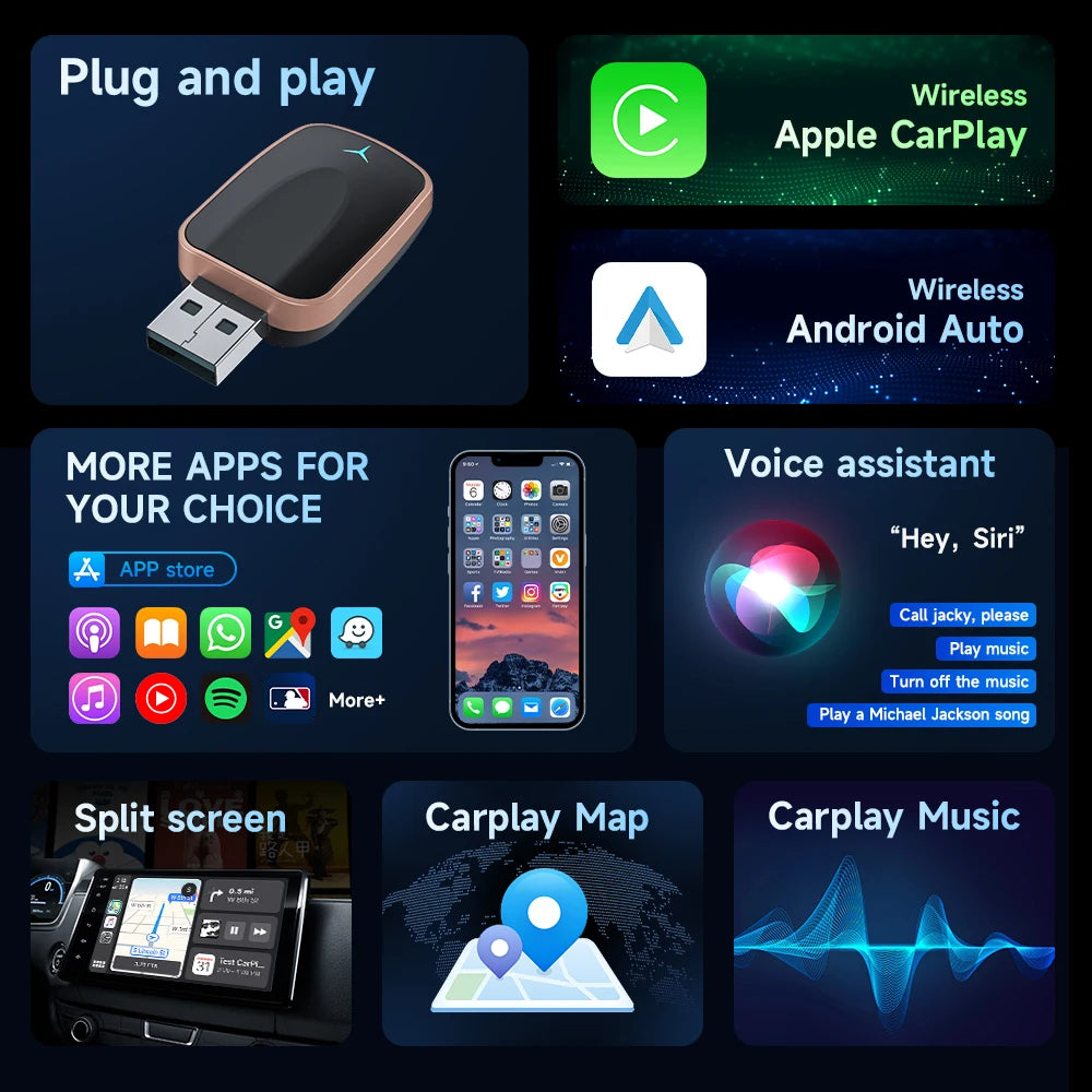 NUEVO Carplay inalámbrico 2 en 1 con IA, Android Auto Plug and Play 2025