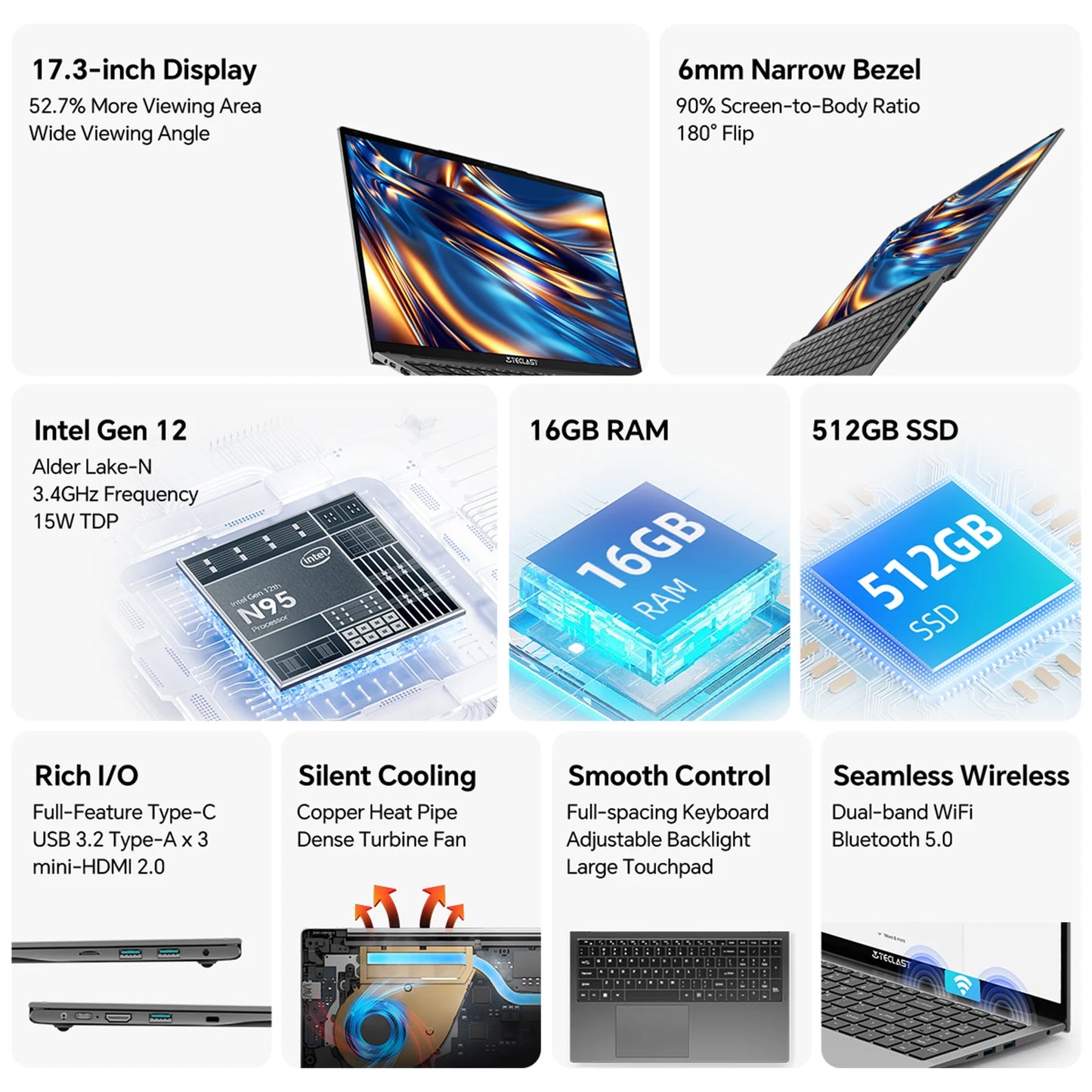 Portátil Teclast F17Plus de 17,3 pulgadas con Intel N95, 16 GB de RAM, 512 GB
