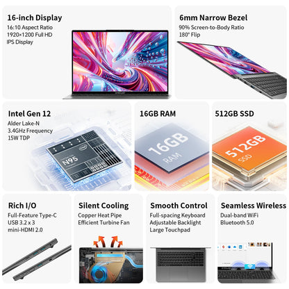 Portátil TECLAST F16 Air de 16 pulgadas, giro de 180 grados, 16 GB + 512 G