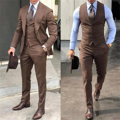 Traje de tres piezas marrón para hombre, para bodas