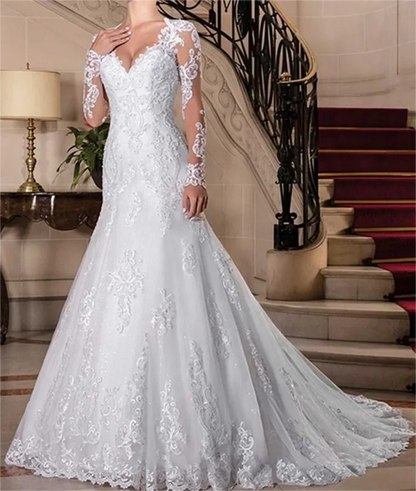 Vestido de novia personalizado elegante de sirena con mangas largas