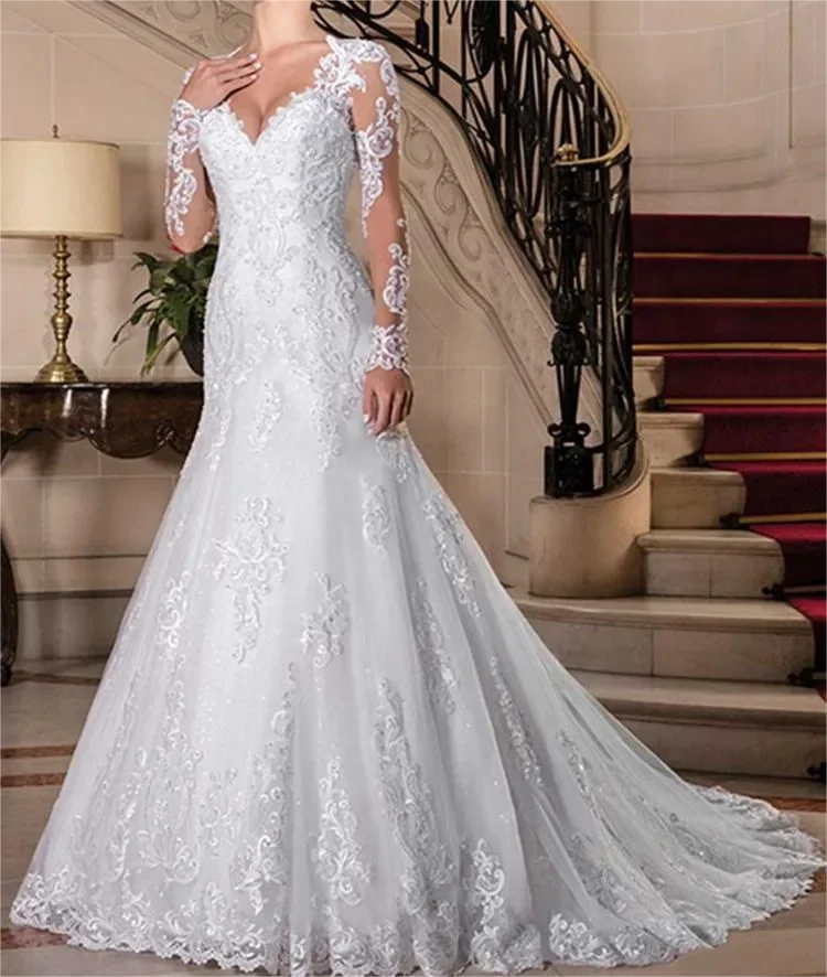 Vestido de novia personalizado elegante de sirena con mangas largas