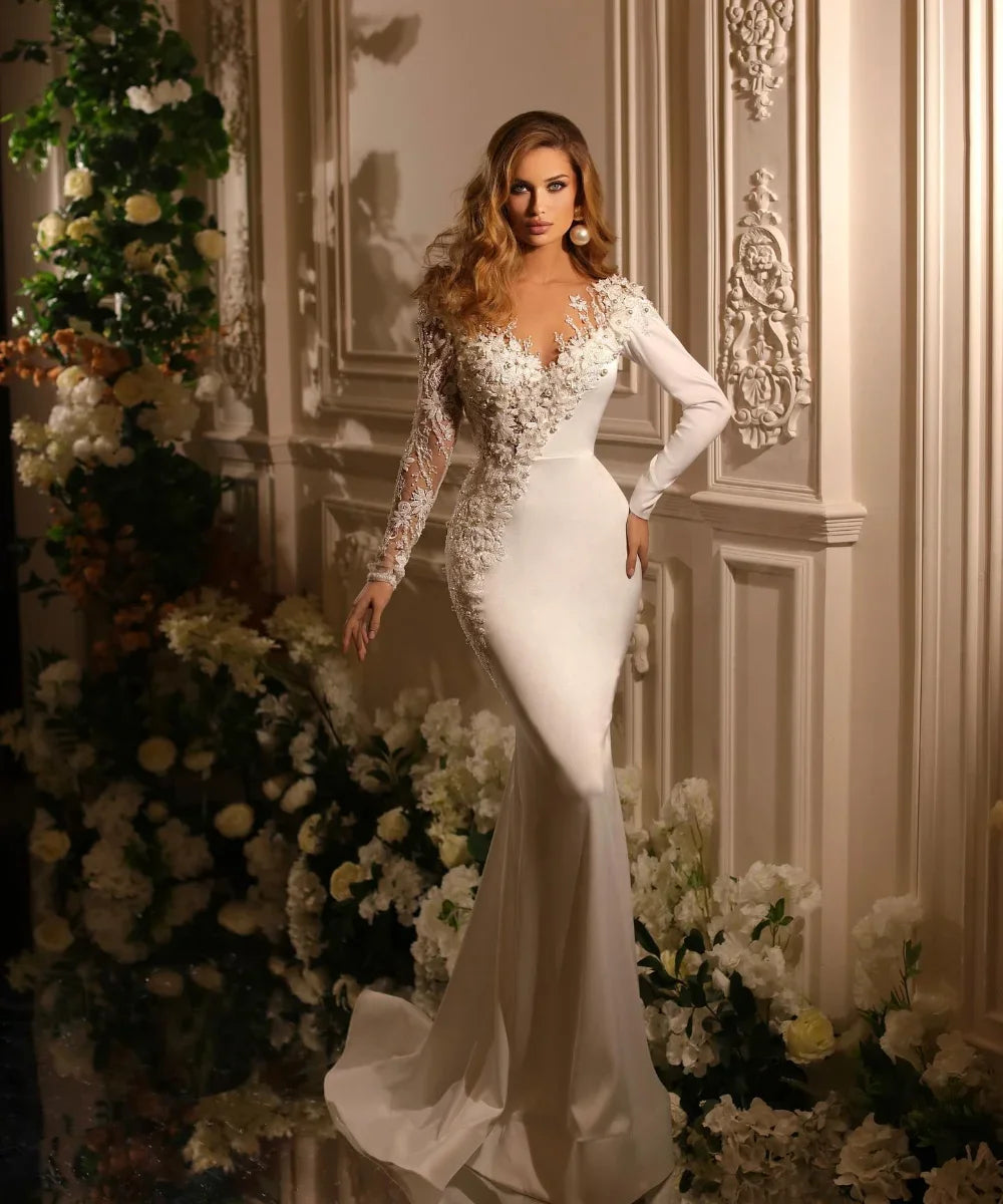 Vestidos de novia de sirena con escote en V, personalizados, manga larga
