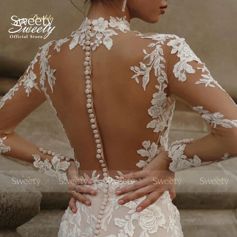 Vestido de novia de sirena con cuello alto, elegante vestido de organza