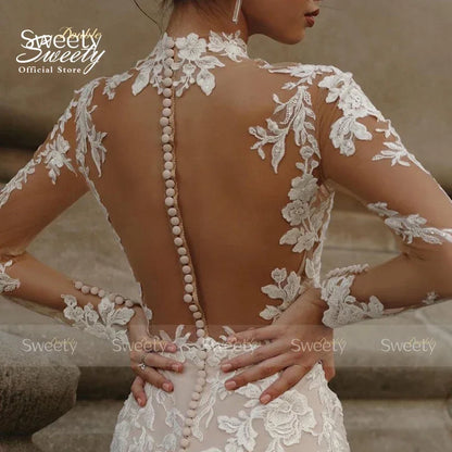 Vestido de novia de sirena con cuello alto, elegante vestido de organza