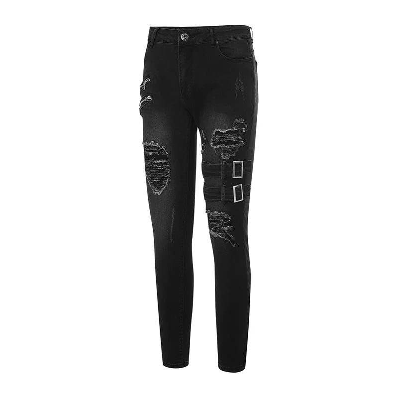 Pantalones vaqueros largos, ajustados y rotos de motociclista para hombre