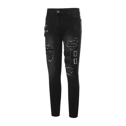 Pantalones vaqueros largos, ajustados y rotos de motociclista para hombre
