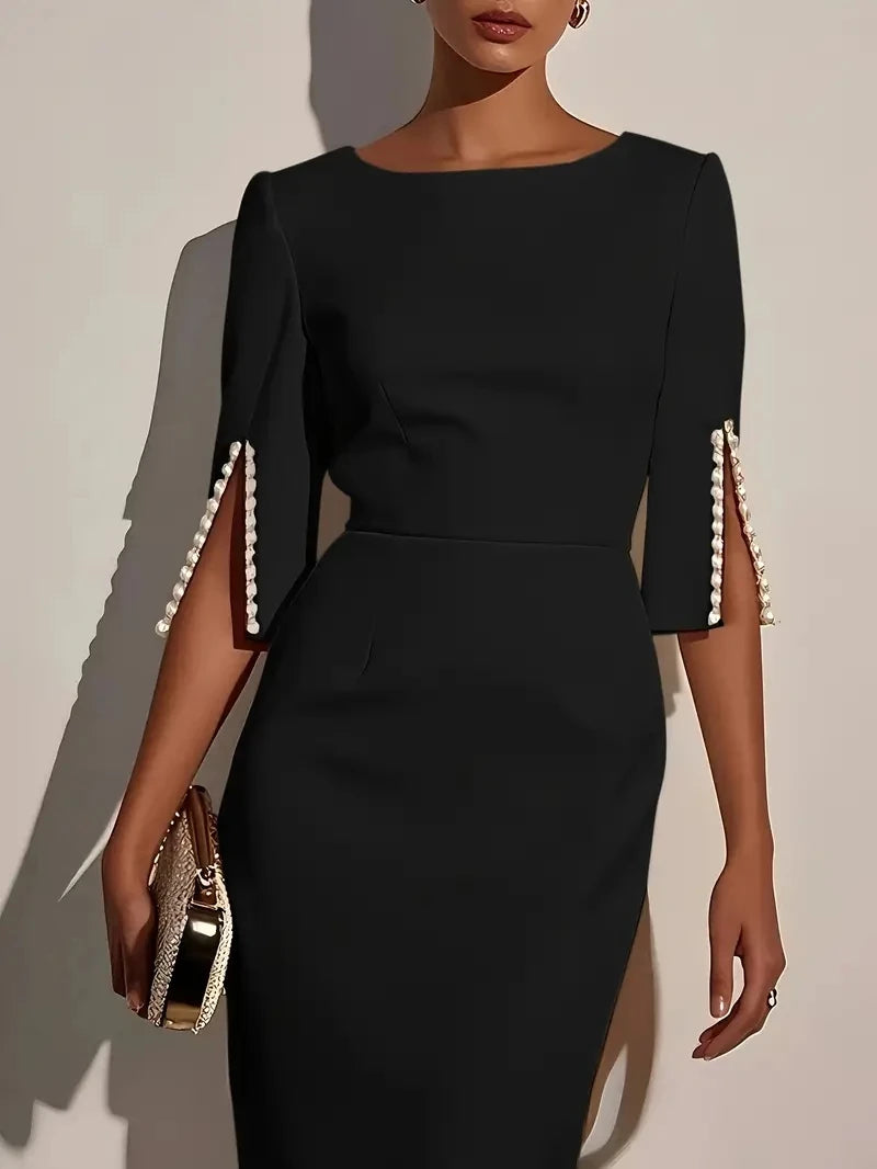 Vestido midi ajustado con cuentas, elegante, de color liso, con cuello