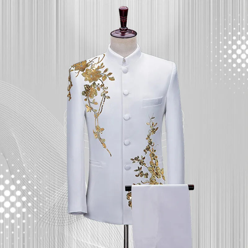 Traje floral de cuello alto para hombre, ropa de lentejuelas de lujo