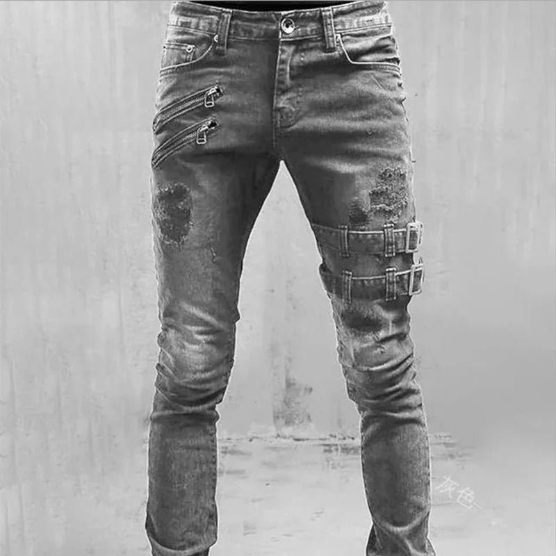 Pantalones vaqueros largos, ajustados y rotos de motociclista para hombre