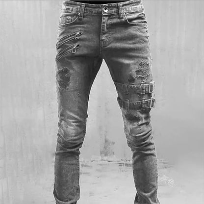 Pantalones vaqueros largos, ajustados y rotos de motociclista para hombre