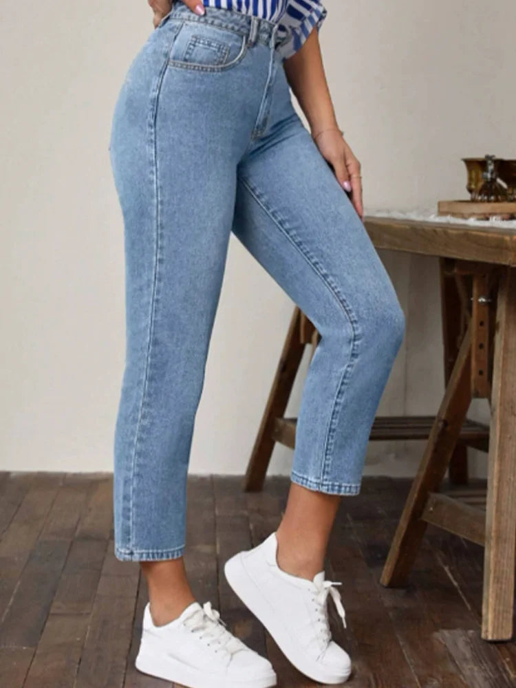 Pantalones elásticos de bolsillo con cintura alta y color liso para mujer
