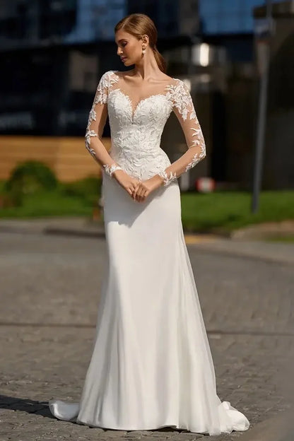Vestido de novia con escote en V, apliques de encaje, playa, manga larga