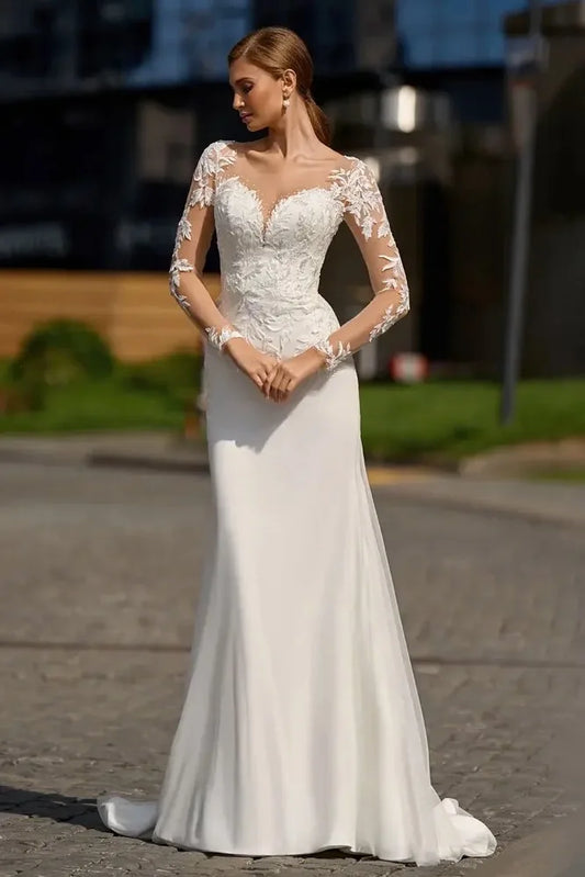 Vestido de novia con escote en V, apliques de encaje, playa, manga larga