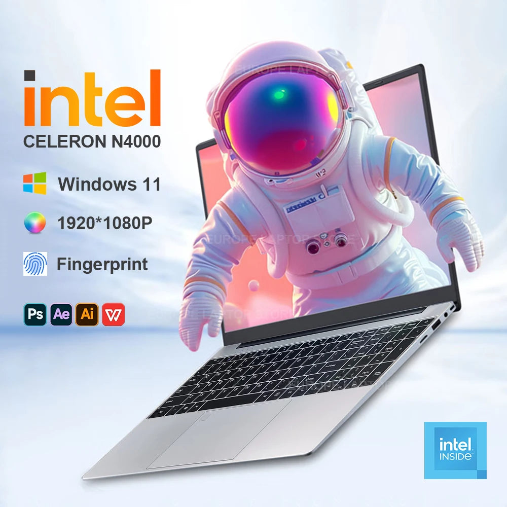 Ordenador portátil Intel Celeron N4000 de 15,6" ultradelgado, 16 GB de RAM