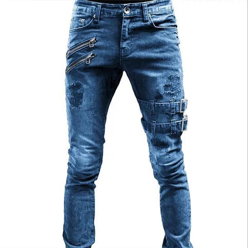 Pantalones vaqueros largos, ajustados y rotos de motociclista para hombre