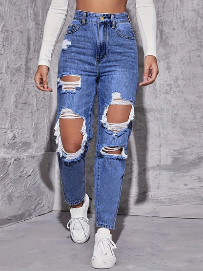 Pantalones vaqueros retro americanos con agujeros para mujer