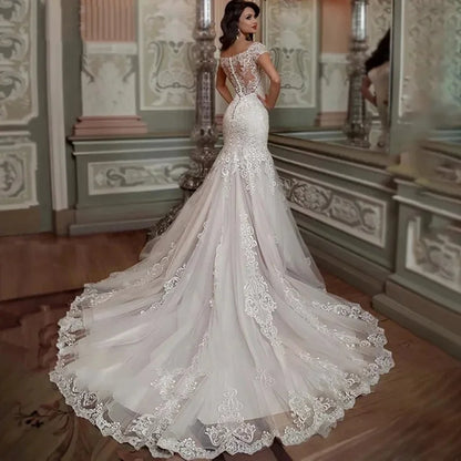 Vestido de novia sirena personalizado 2025, mangas cortas