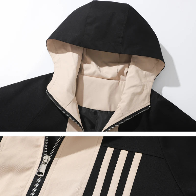 Abrigo de hombre con bloques de color de moda, chaqueta con capucha