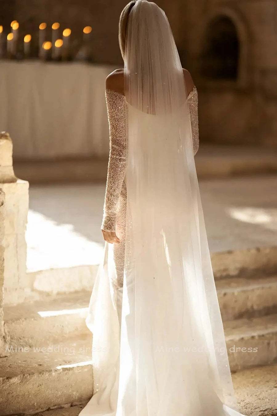 Vestido de novia personalizado con hombros descubiertos, manga larga