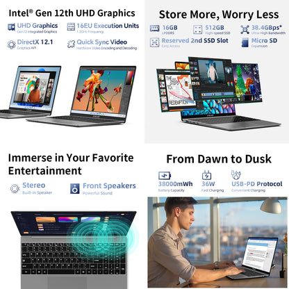 Portátil TECLAST F16Pro de 15,6 pulgadas, 16 GB de RAM, 512 GB de SSD