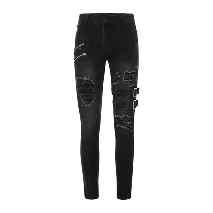 Pantalones vaqueros largos, ajustados y rotos de motociclista para hombre