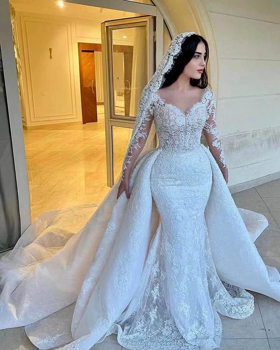 Vestido de novia de sirena personalizado 2025, bordado de encaje, 2 en 1