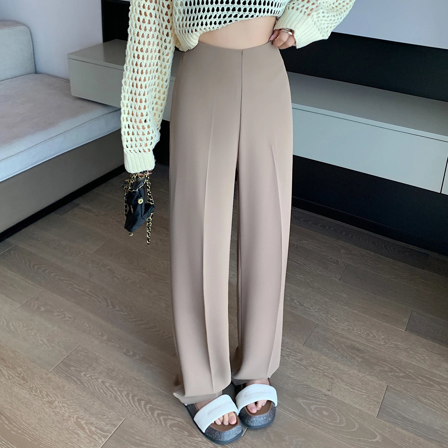 Traje caqui de cintura alta con para mujer, pantalones largos