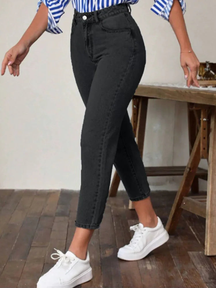 Pantalones elásticos de bolsillo con cintura alta y color liso para mujer