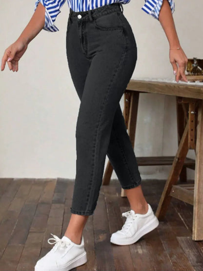 Pantalones elásticos de bolsillo con cintura alta y color liso para mujer