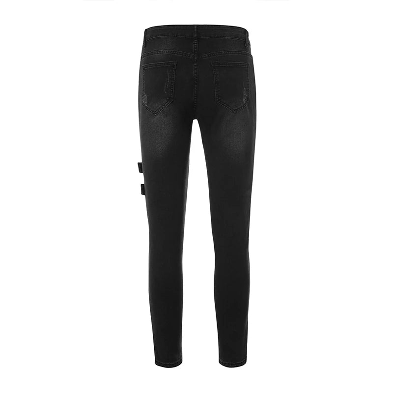Pantalones vaqueros largos, ajustados y rotos de motociclista para hombre