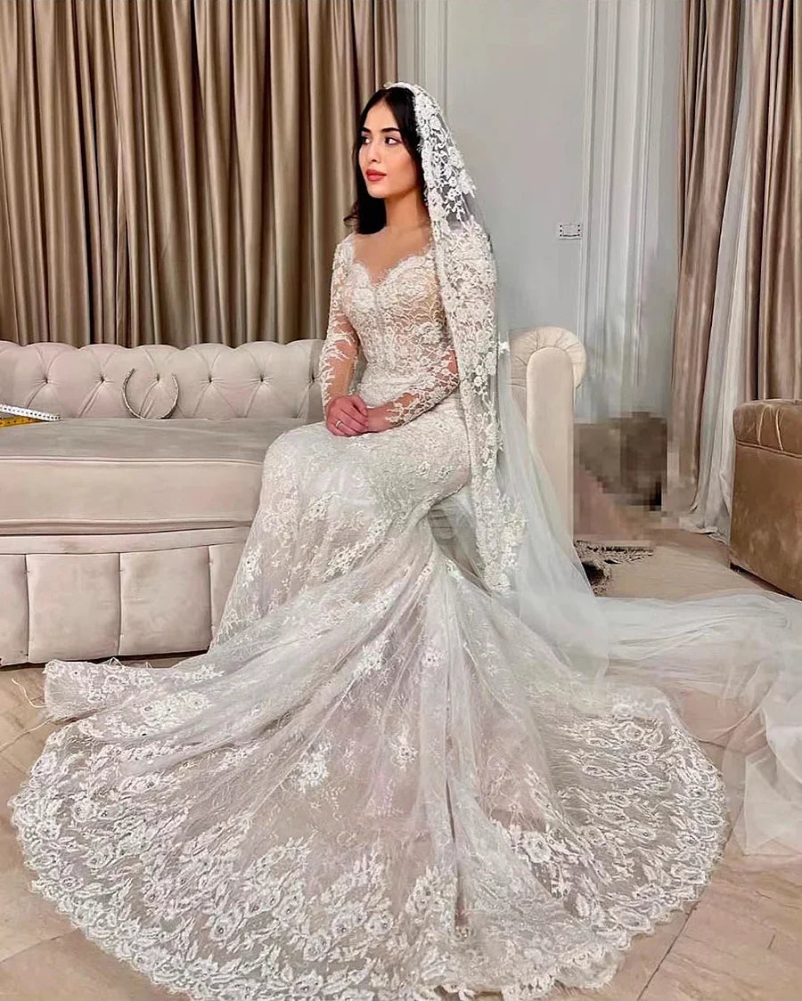 Vestido de novia de sirena personalizado 2025, bordado de encaje, 2 en 1