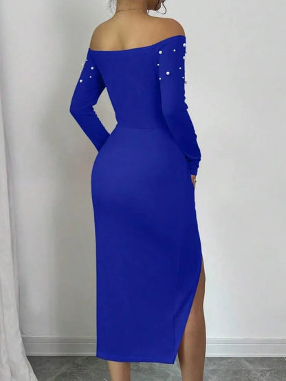Vestido midi ajustado de cintura alta con hombros descubiertos