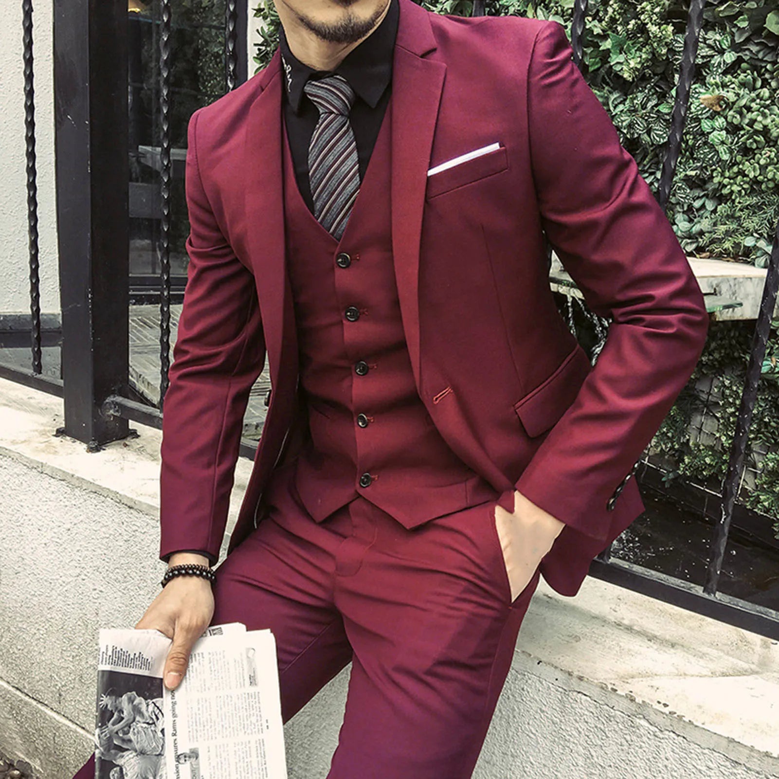 Traje de tres piezas para hombre, estilo formal de negocios, corte entallado