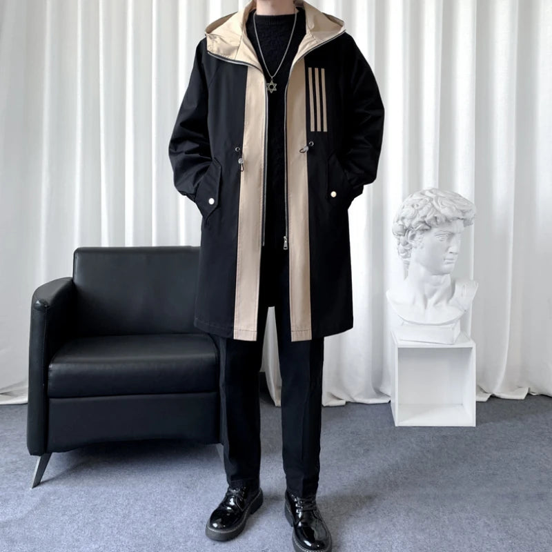 Abrigo de hombre con bloques de color de moda, chaqueta con capucha