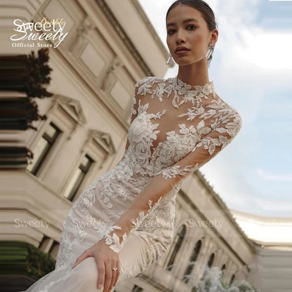 Vestido de novia de sirena con cuello alto, elegante vestido de organza
