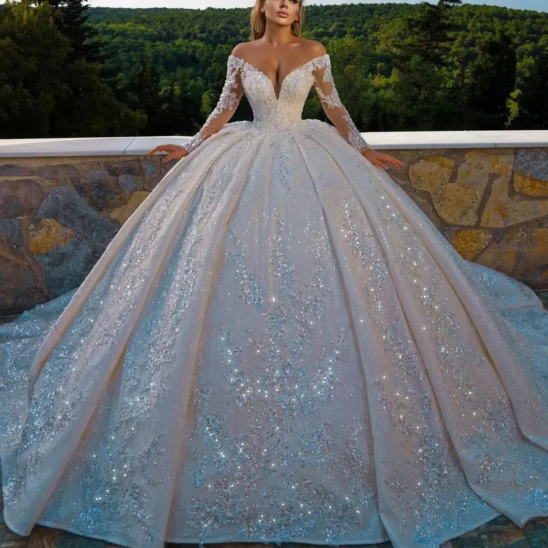 Vestidos de novia personalizados con escote en V, hombros descubiertos