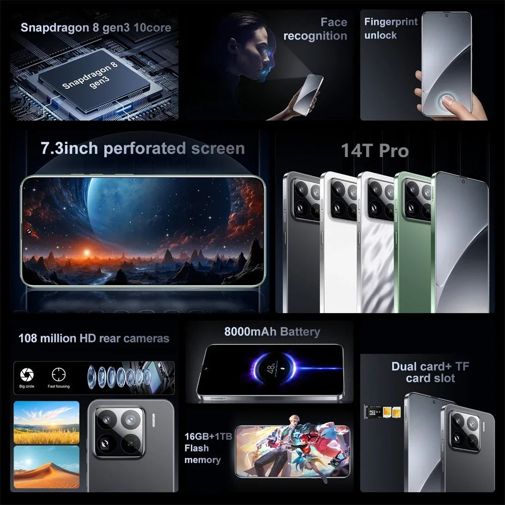 Nuevo teléfono inteligente 14T Pro original de 7,3 pulgadas, 8000 mAh, Android