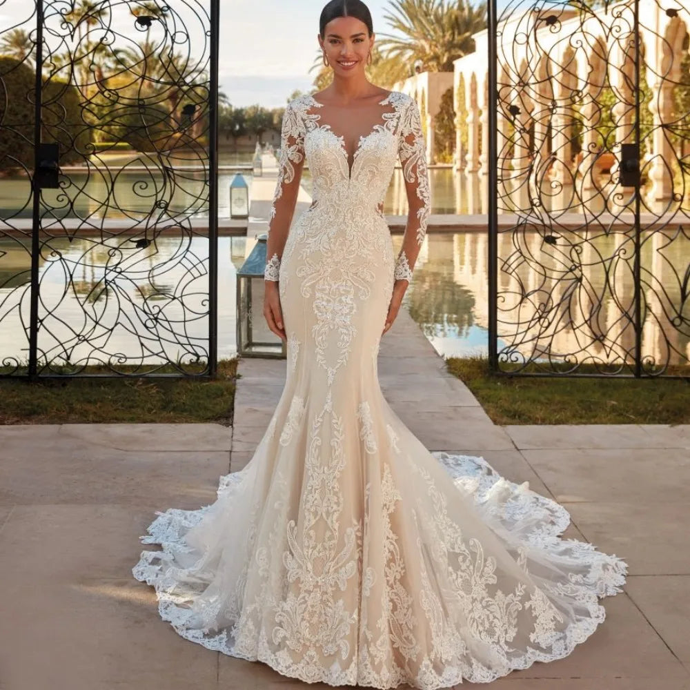 Vestido de novia estilo sirena, estilo bohemio, transparente, con escote
