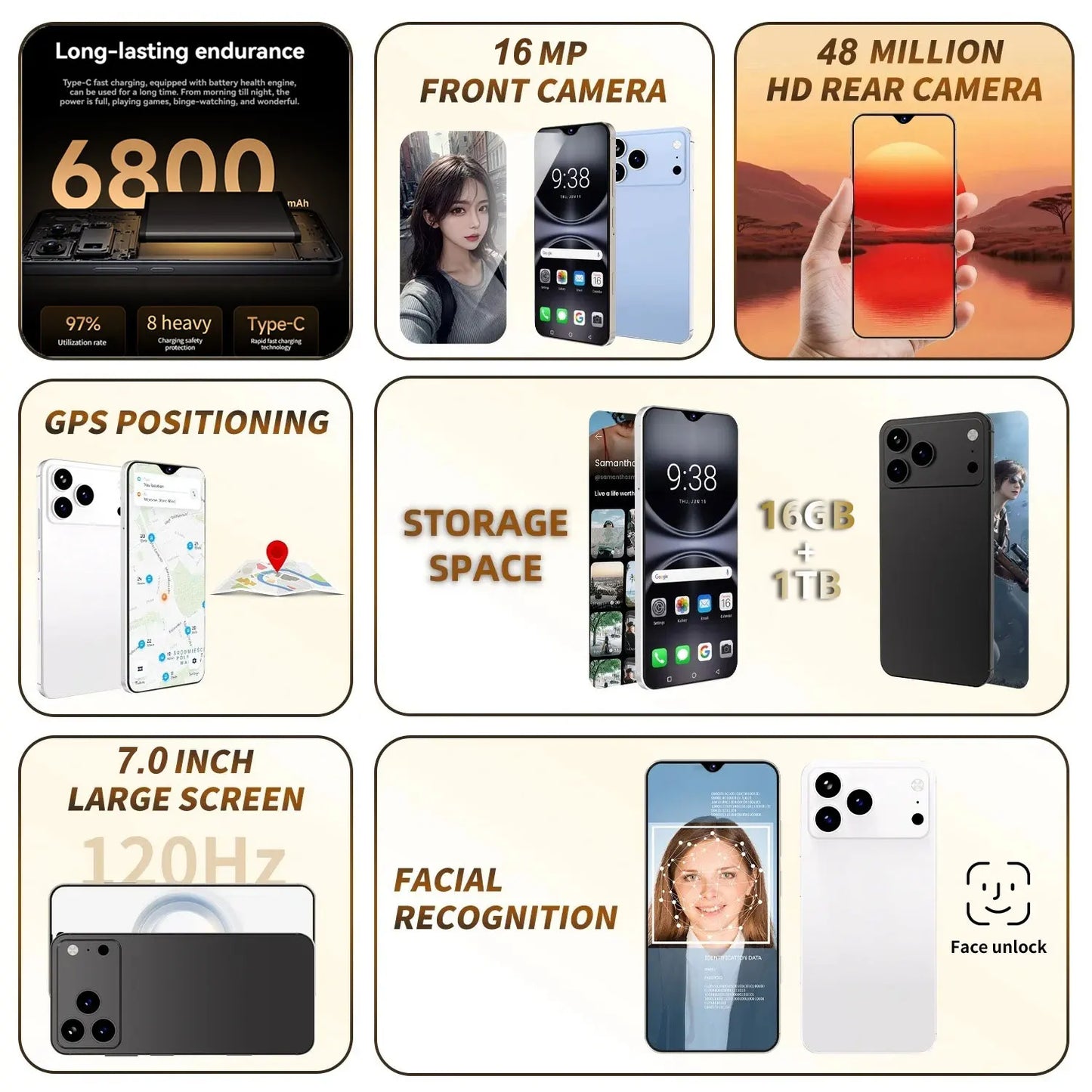 Nuevo teléfono inteligente i17 Pro Max 5G 7.0HD con doble tarjeta SIM
