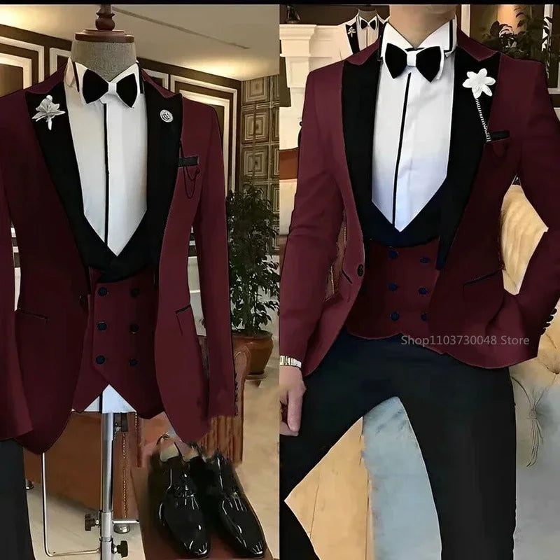 Traje de 3 piezas para hombre, liso, con un botón y solapa de pico