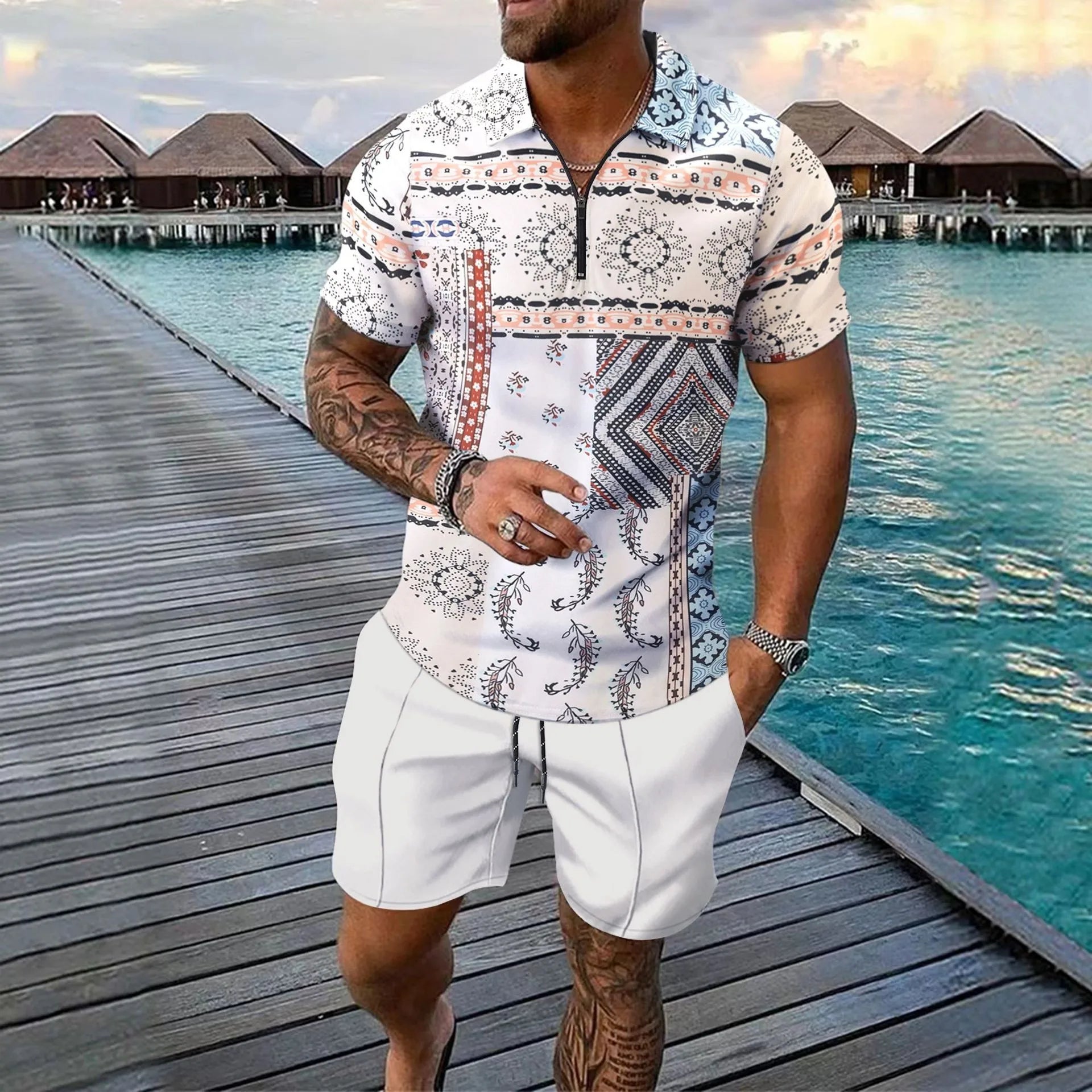 Conjunto de polo informal de playa para hombre, camiseta y pantalones