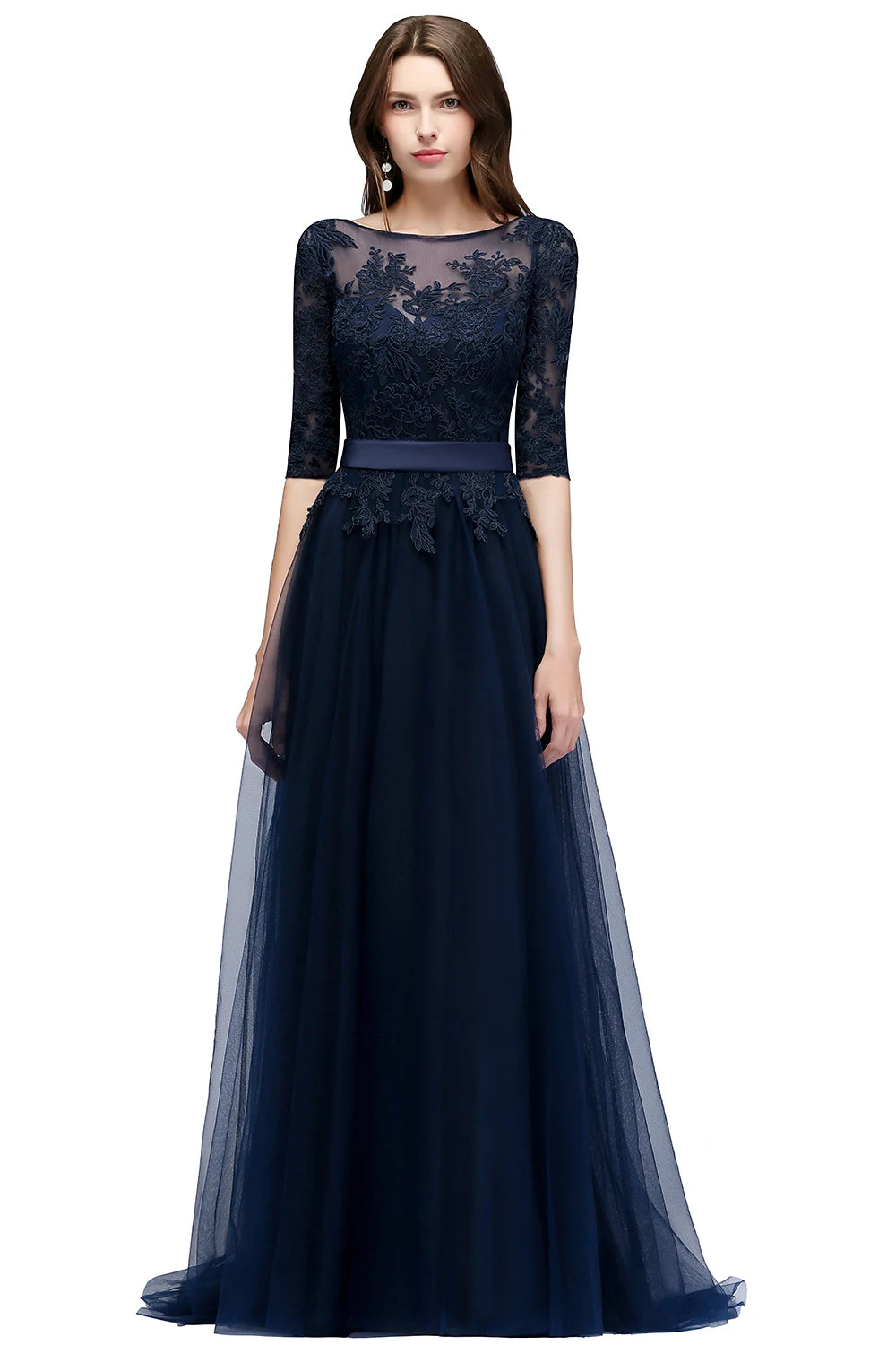 Vestido de noche largo de encaje azul marino y rosa nude, elegante